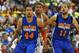 July 19, 2012; Las Vegas, NV, USA; New York Knicks guard Chris Smith (44) guard Mychel Thompson (11) and Toronto Raptors center Daniel Orton (33) look for the rebound during the first half of the game at the Cox Pavilion. Mandatory Credit: Jayne Kamin-On