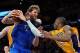 Apr 2, 2013; Los Angeles, CA, USA; Los Angeles Lakers power forward Pau Gasol (16), shooting guard Kobe Bryant (24) and Dallas Mavericks power forward Dirk Nowitzki (41) go for a rebound in the second half of the game at the Staples Center. Lakers won 10
