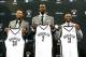 Jul 18, 2013; Brooklyn, NY, USA; From left Paul Pierce , Kevin Garnett and Jason Terry during a press conference to introduce them as the newest members of the Brooklyn Nets at Barclays Center. Mandatory Credit: Debby Wong-USA TODAY Sports