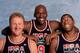 BARCELONA, SPAIN - 1992: Larry Bird #7, Michael Jordan #9, and Magic Johnson #15 of the United States National Team pose for a photo during the1992 Summer Olympics in Barcelona, Spain. NOTE TO USER: User expressly acknowledges that, by downloading and o