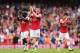 LONDON, ENGLAND - SEPTEMBER 22: (L-R) Bacary Sagna, Laurent Koscielny and Ryo Miyaichi of Arsenal celebrate victory after the Barclays Premier League match between Arsenal and Stoke City at Emirates Stadium on September 22, 2013 in London, England. (Pho