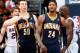 ATLANTA, GA - APRIL 27: Paul George #24 and Tyler Hansbrough #50 of the Indiana Pacers react after a turnover to the Atlanta Hawks during Game Three of the Eastern Conference Quarterfinals of the 2013 NBA Playoffs at Philips Arena on April 27, 2013 in At