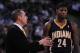 January 18, 2012; Sacramento, CA, USA; Indiana Pacers head coach Frank Vogel (left) instructs shooting guard Paul George (24) during the fourth quarter against the Sacramento Kings at Power Balance Pavilion. The Kings defeated the Pacers 92-88. Mandatory