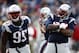 Sep 22, 2013; Foxborough, MA, USA; New England Patriots defensive tackle Tommy Kelly (right) celebrates a sack against the Tampa Bay Buccaneers during the second half at Gillette Stadium. Mandatory Credit: Mark L. Baer-USA TODAY Sports