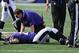 Sep 15, 2013; Baltimore, MD, USA; Baltimore Ravens running back Ray Rice (27) is looked at by a team trainer after suffering an apparent hip injury against the Cleveland Browns during the second half at M&T Bank Stadium. The Ravens won 14-6. Mandatory Cre