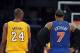 Dec 29, 2011; Los Angeles, CA, USA; Los Angeles Lakers guard Kobe Bryant (24) and New York Knicks forward Carmelo Anthony (7) during the game at the Staples Center. The Lakers defeated the Knicks 99-82. Mandatory Credit: Kirby Lee/Image of Sport-USA TODAY