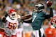 PHILADELPHIA, PA - SEPTEMBER 19: Michael Vick #7 of the Philadelphia Eagles is pressured by Justin Houston #50 of the Kansas City Chiefs on September 19, 2013 at Lincoln Financial Field in Philadelphia, Pennslyvania. The Kansas City Chiefs defeated the