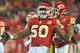 November 27, 2011; Kansas City, MO, USA; Kansas City Chiefs outside linebacker Justin Houston (50) celebrates after a tackle in the second half against the Pittsburgh Steelers at Arrowhead Stadium. Pittsburgh won the game 13-9. Mandatory Credit: Denny Med