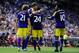 VALENCIA, SPAIN - SEPTEMBER 19: Michu (2nd L) of Swansea City celebrates with his team-mates after scoring his team's second goal during the UEFA Europa League Group A match between Valencia CF and Swansea City at Estadi de Mestalla on September 19, 2013
