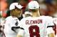 Aug 8, 2013; Tampa, FL, USA; Tampa Bay Buccaneers quarterback Josh Freeman (5) and quarterback Mike Glennon (8) talk on the sidelines during the fourth quarter at Raymond James Stadium. Baltimore defeated Tampa Bay 44-16. Mandatory Credit: Douglas Jones-U