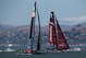 SAN FRANCISCO, CA - SEPTEMBER 23: Oracle Team USA skippered by James Spithill (L) and Emirates Team New Zealand skippered by Dean Barker in action during race 16 of the America's Cup finals on September 23, 2013 in San Francisco, California. Oracle Team