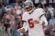 FOXBORO, MA - SEPTEMBER 22: Josh Freeman #5 of the Tampa Bay Buccaneers reacts after throwing an incomplete pass in the second half against the New England Patriots at Gillette Stadium on September 22, 2013 in Foxboro, Massachusetts. (Photo by Jim Rogash