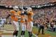 Oct 1, 2011; Knoxville,TN, USA; Tennessee Volunteers wide receiver Da'Rick Rogers (21) celebrates scoring a touchdown against the Buffalo Bulls with teammate Tennessee Volunteers offensive linesman Ja'Wuan James (70) during the first half at Neyland Stadi