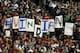 Sep 25, 2013; Cleveland, OH, USA; Fans hold up signs during a game between the Cleveland Indians and the Chicago White Sox at Progressive Field. Mandatory Credit: David Richard-USA TODAY Sports