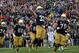SOUTH BEND, IN - SEPTEMBER 21: Cam McDaniel #33 of the Notre Dame Fighting Irish celebrates his game-winning touchdown against the Michigan State Spartans at Notre Dame Stadium on September 21, 2013 in South Bend, Indiana. Notre Dame defeated Michigan St