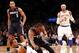 Mar 29, 2013; New York, NY, USA; New York Knicks shooting guard J.R. Smith (8) with a loose ball foul on Charlotte Bobcats point guard Kemba Walker (15) during the fourth quarter at Madison Square Garden. Knicks won 111-102. Mandatory Credit: Anthony G