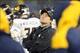 December 29, 2012; Bronx, NY, USA; West Virginia Mountaineers head coach Dana Holgorsen reacts to an official's call during the third quarter of the New Era Pinstripe Bowl game against the Syracuse Orange at Yankee Stadium. Mandatory Credit: Brad Penner-U