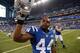 Sep 8, 2013; Indianapolis, IN, USA; Indianapolis Colts running back Ahmad Bradshaw (44) celebrates at the end of the game against the Oakland Raiders at Lucas Oil Stadium. The Colts defeated the Raiders 21-17. Mandatory Credit: Kirby Lee-USA TODAY Sports