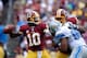 LANDOVER, MD - SEPTEMBER 22: Robert Griffin III #10 of the Washington Redskins throws a pass in the third quarter during a game against the Detroit Lions at FedExField on September 22, 2013 in Landover, Maryland. (Photo by Patrick McDermott/Getty Images