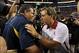 Sep 1, 2012; Arlington, TX, USA; Alabama Crimson Tide head coach Nick Saban meets with Michigan Wolverines head coach Brady Hoke after the game at Cowboys Stadium. Alabama beat Michigan 41-14. Mandatory Credit: Matthew Emmons-USA TODAY Sports