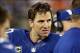 Sep 15, 2013; East Rutherford, NJ, USA; New York Giants quarterback Eli Manning (10) reacts on the sidelines during the fourth quarter of a game against the Denver Broncos at MetLife Stadium. The Broncos defeated the Giants 41-23. Mandatory Credit: Brad P