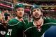 ST. PAUL, MN - APRIL 26: (L-R) Kyle Brodziak #21 and Cal Clutterbuck #22 of the Minnesota Wild have some words with the Edmonton Oilers bench during the game on April 26, 2013 at the Xcel Energy Center in St. Paul, Minnesota. (Photo by Bruce Kluckhohn/NHL
