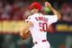 ST. LOUIS, MO - SEPTEMBER 23: Starter Adam Wainwright #50 of the St. Louis Cardinals pitches against the Washington Nationals in the first inning at Busch Stadium on September 23, 2013 in St. Louis, Missouri. (Photo by Dilip Vishwanat/Getty Images)