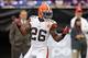 Sep 22, 2013; Minneapolis, MN, USA; Cleveland Browns running back Willis McGahee (26) warms up prior to the game against the Minnesota Vikings at Mall of America Field at H.H.H. Metrodome. Mandatory Credit: Brace Hemmelgarn-USA TODAY Sports