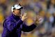 BATON ROUGE, LA - SEPTEMBER 07: Les Miles, head coach of the LSU Tigers, reacts to a play during a game against the UAB Blazers at Tiger Stadium on September 7, 2013 in Baton Rouge, Louisiana. (Photo by Stacy Revere/Getty Images)