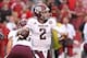 Sep 28, 2013; Fayetteville, AR, USA; Texas A&M Aggies quarterback Johnny Manziel (2) looks to pass against the Arkansas Razorbacks during the first quarter at Donald W. Reynolds Razorback Stadium. Mandatory Credit: Nelson Chenault-USA TODAY Sports