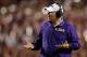 Sep 21, 2013; Baton Rouge, LA, USA; LSU Tigers head coach Les Miles reacts to a call in the second half against the Auburn Tigers at Tiger Stadium. LSU defeated Auburn 35-21. Mandatory Credit: Crystal LoGiudice-USA TODAY Sports