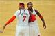 May 7, 2013; New York, NY, USA; New York Knicks small forward Carmelo Anthony (7) and shooting guard J.R. Smith (8) celebrate against the Indiana Pacers during the second half in game two of the second round of the 2013 NBA Playoffs at Madison Square Gard