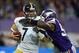 Sep 29, 2013; London, UNITED KINGDOM; Pittsburgh Steelers quarterback Ben Roethlisberger (7) is pressured by Minnesota Vikings linebacker Erin Henderson (50) in the NFL International Series game at Wembley Stadium. Mandatory Credit: Kirby Lee-USA TODAY Sp
