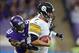Sep 29, 2013; London, UNITED KINGDOM; Pittsburgh Steelers quarterback Ben Roethlisberger (7) is pressured by Minnesota Vikings linebacker Erin Henderson (50) in the NFL International Series game at Wembley Stadium. Mandatory Credit: Kirby Lee-USA TODAY Sp