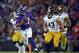 Sep 29, 2013; London, UNITED KINGDOM; Minnesota Vikings receiver Jerome Simpson (81) is pursued by Pittsburgh Steelers safety Troy Polamalu (43) on a 51-yard reception in the NFL International Series game at Wembley Stadium. The Vikings defeated the Steel