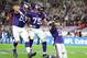 Sep 29, 2013; London, UNITED KINGDOM; Minnesota Vikings running back Adrian Peterson (28) celebrates with teammates after scoring a touchdown against the Pittsburgh Steelers during the NFL International Series game at Wembley Stadium. Mandatory Credit: Bo