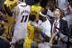 Jun 3, 2013; Miami, FL, USA; Miami Heat small forward LeBron James (6) hugs Indiana Pacers point guard George Hill (3) after game 7 of the 2013 NBA Eastern Conference Finals at American Airlines Arena. Miami Heat defeated the Indiana Pacers 99-76 to win t