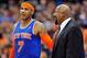 Oct 22, 2012; Syracuse, NY, USA; New York Knicks small forward Carmelo Anthony (7) talks with New York Knicks head coach Mike Woodson during the third quarter against the Philadelphia 76ers at the Carrier Dome. Mandatory Credit: Rich Barnes-USA TODAY Spo