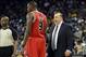 Mar 15, 2013; Oakland, CA, USA; Chicago Bulls head coach Tom Thibodeau on sidelines with forward Luol Deng (9) during the second half against the Golden State Warriors at Oracle Arena. Chicago won 113-95. Mandatory Credit: Bob Stanton-USA TODAY Sports