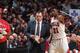 CHICAGO, IL - APRIL 11: Jimmy Butler #21 of the Chicago Bulls confers with Head Coach Tom Thibodeau during a break in action against New York Knicks on April 11, 2013 at the United Center in Chicago, Illinois. NOTE TO USER: User expressly acknowledges and