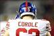 Dec 16, 2012; Atlanta, Georgia, USA; New York Giants center Jim Cordle (63) wears the initials of Sandy Hook Elementary School before the game against the Atlanta Falcons at The Georgia Dome. Mandatory Credit: Josh D. Weiss-USA TODAY Sports