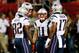 ATLANTA, GA - SEPTEMBER 29: Tom Brady #12, Josh Boyce #82, Julian Edelman #11 and Aaron Dobson #17 of the New England Patriots talk during their game against the Atlanta Falcons at Georgia Dome on September 29, 2013 in Atlanta, Georgia. (Photo by Ke