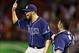 Sep 30, 2013; Arlington, TX, USA; Tampa Bay Rays starting pitcher David Price (left) celebrates with catcher Jose Molina after defeating the Texas Rangers 5-2 at Rangers Ballpark at Arlington. Mandatory Credit: Tim Heitman-USA TODAY Sports