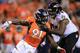 DENVER, CO - SEPTEMBER 5: Robert Ayers #91 of the Denver Broncos beats Bryant McKinnie #78 of the Baltimore Ravens on the edge before sacking Joe Flacco #5 of the Baltimore Ravens in the second quarter during the game at Sports Authority Field at Mile Hig