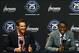 Jun 28, 2013; Orlando, FL, USA; Orlando Magic general manager Rob Hennigan (left) and first round draft pick Victor Oladipo (right) address the media during a press conference at the Amway Center. Mandatory Credit: Douglas Jones-USA TODAY Sports