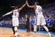 OKLAHOMA CITY, OK - APRIL 21: Kevin Durant #35 and Russell Westbrook #0 of the Oklahoma City Thunder celebrate while playing the Houston Rockets in Game One of the Western Conference Quarterfinals during the 2013 NBA Playoffs on April 21, 2013 at the Ches