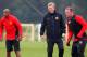 MANCHESTER, ENGLAND - OCTOBER 01: Ashley Young (L), Wayne Rooney (R) and manager David Moyes of Manchester United in action during a training session ahead of their Champions League Group A match against Shakhtar Donetsk at their Carrington Training Compl