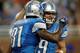 DETROIT, MI - AUGUST 30: Calvin Johnson #81 of the Detroit Lions celebrates a first quarter touchdown with Matthew Stafford #9 while playing the Buffalo Bills during a pre season game at Ford Field on August 30, 2012 in Detroit, Michigan. (Photo by Gre
