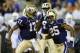 Aug 31, 2013; Seattle, WA, USA; Washington Huskies quarterback Keith Price (17) celebrates with Washington Huskies running back Bishop Sankey (25) after Sankey ran the ball in for a touchdown against the Boise State Broncos during the 2nd half at Husky St