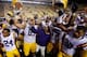 BATON ROUGE, LA - SEPTEMBER 21: Head coach Les Miles of the LSU Tigers celebrates with his team after defeating the Auburn Tigers 35-21 at Tiger Stadium on September 21, 2013 in Baton Rouge, Louisiana. (Photo by Chris Graythen/Getty Images)
